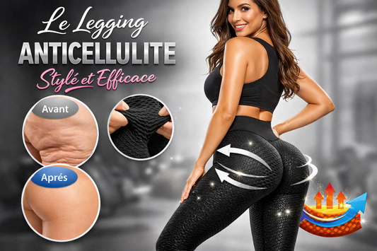 Femme portant un legging anti-cellulite stylé et efficace noir avec un effet push-up.