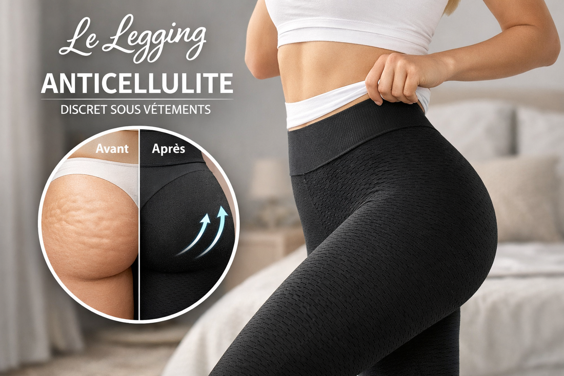 "Femme portant un legging anti-cellulite invisible sous un jean bleu"